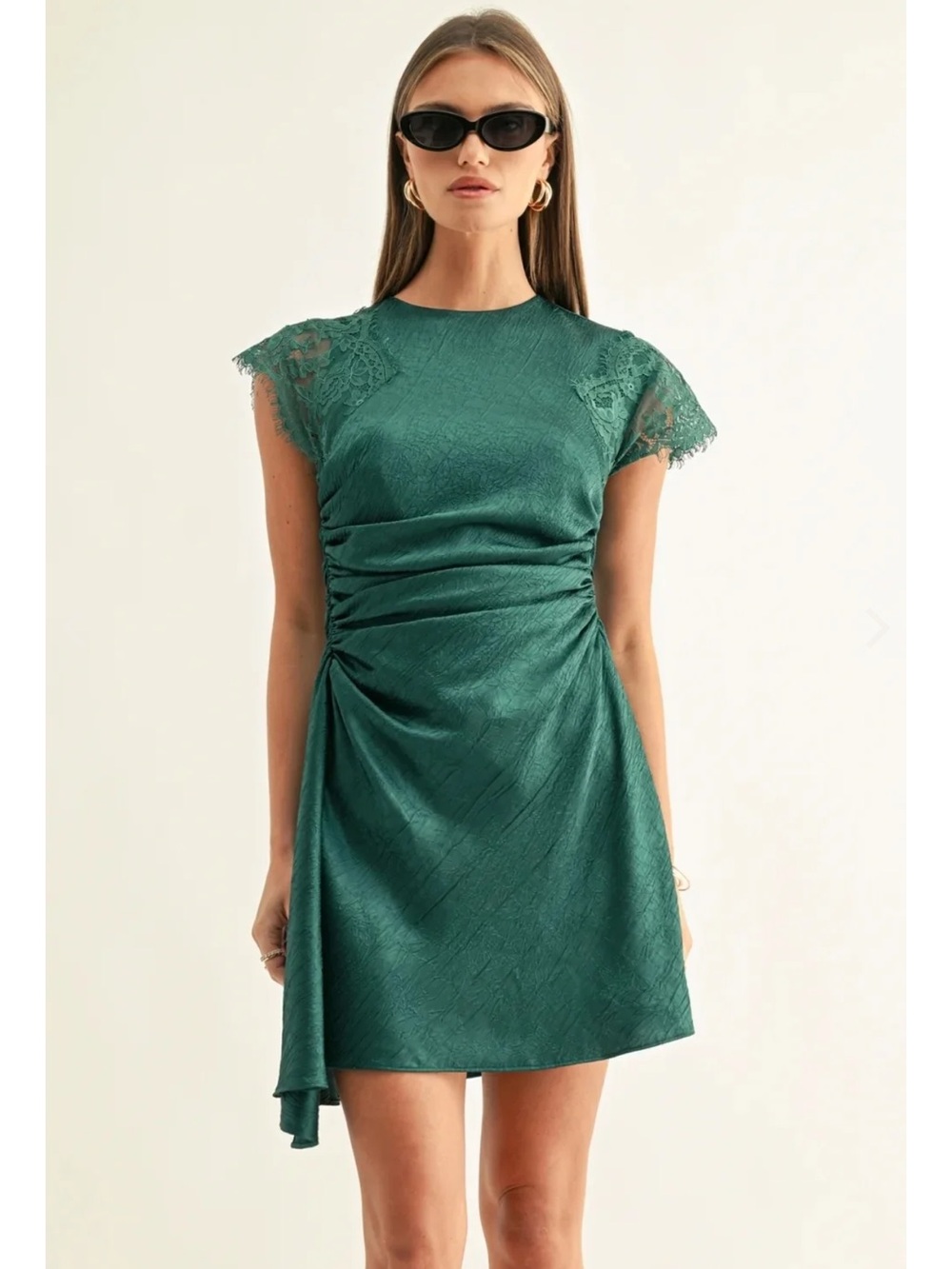 NWT JORDYN ASYMMETRIC HEM RUCHED MINI DRESS - DARK TEAL